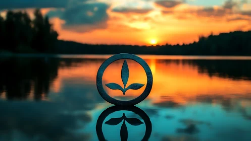 Nature-inspired logo silhouette at lake during vibrant sunset.