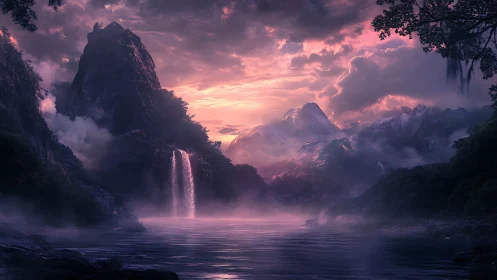 Mystic mountain waterfall under glowing twilight sky.