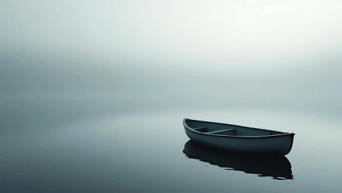 Rowboat on calm water in uniform pale atmospheric haze.