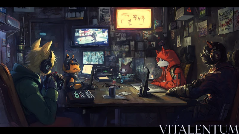 Anthro gamers coordinate in cluttered neon-lit control room