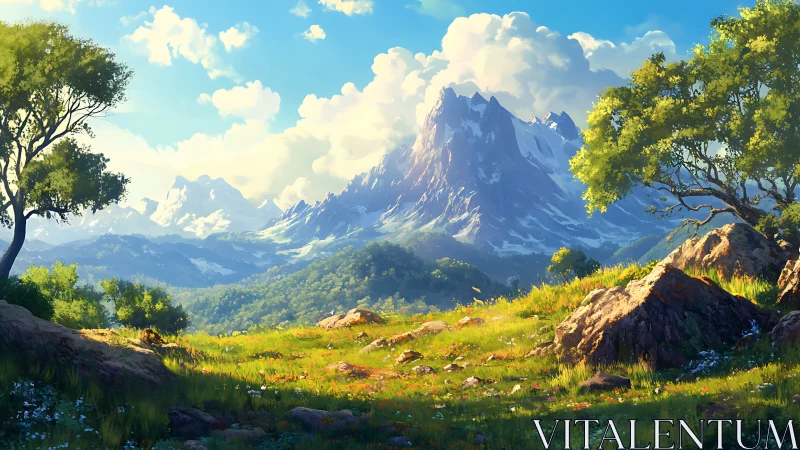 Sunlit mountain meadow opening onto bright drifting clouds.