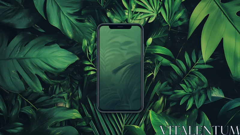 Calm smartphone oasis nestled in lush tropical leaves.