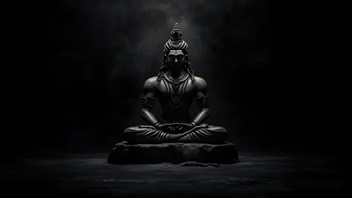 Serene meditative deity in dramatic monochrome lightscape.