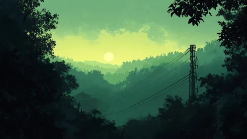 Suspended Bridge Through Emerald Forest at Dawn.