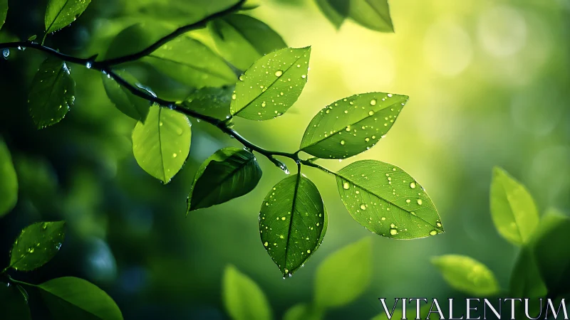 Dew covered green leaves with soft bokeh forest light.