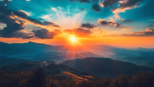 Sunburst over sapphire ridges and ember-washed horizons.