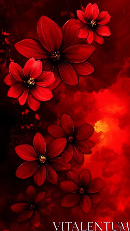 Red Flowers Against Atmospheric Red Background.