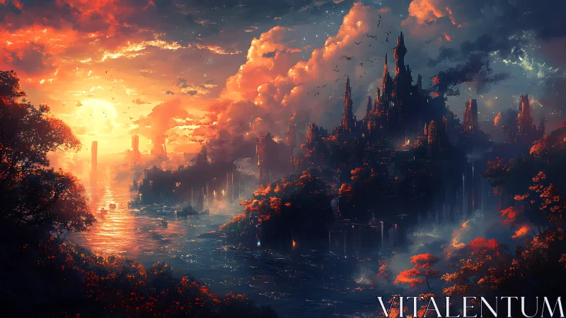 Luminescent river citadel under volumetric sunset atmosphere.