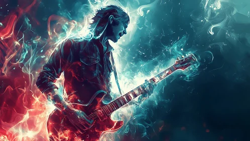 Guitarist silhouette plays electric guitar in fiery neon light