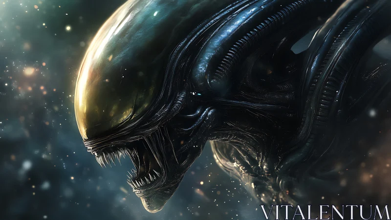 Biomechanical alien head rendered in high-contrast digital detail