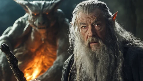 Old wizard faces looming demon in fiery cavern scene.