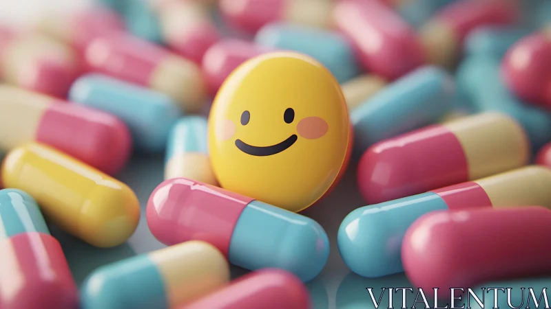 Smiling Face Among Colorful Capsules in Playful, Bright Style.