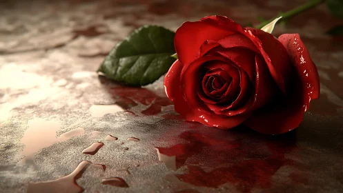 Crimson rose lounges on wet marble in cinematic close focus