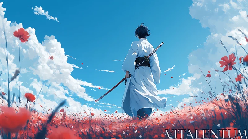 Samurai figure stands in red flower field under blue sky