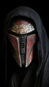 Hooded sci fi warrior in worn red armored helmet portrait.