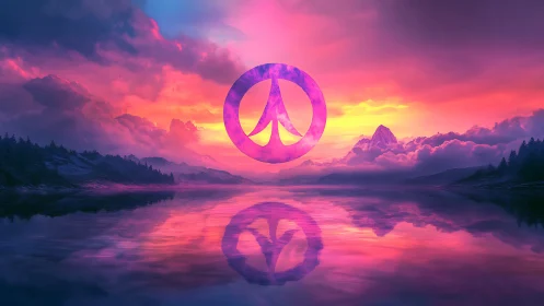 Neon peace symbol floats over surreal sunset lake horizon.