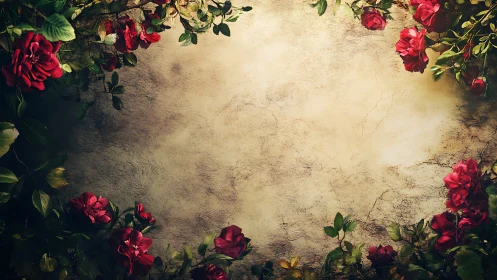 Red roses frame weathered beige stone wall surface