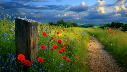 Wild poppies escort a sunlit path beneath brooding clouds