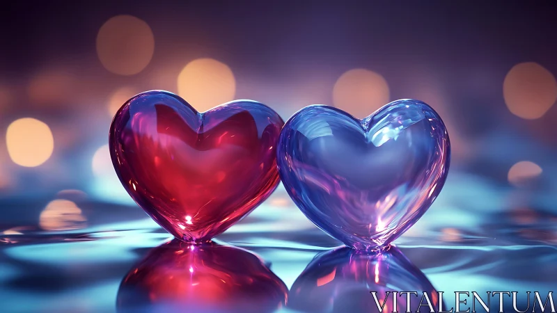 Dual heart-shaped glass orbs with volumetric red-blue luminescence and translucent optical refractio