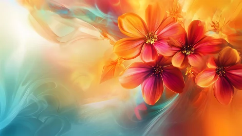 Digital flowers bloom in flowing abstract light gradients