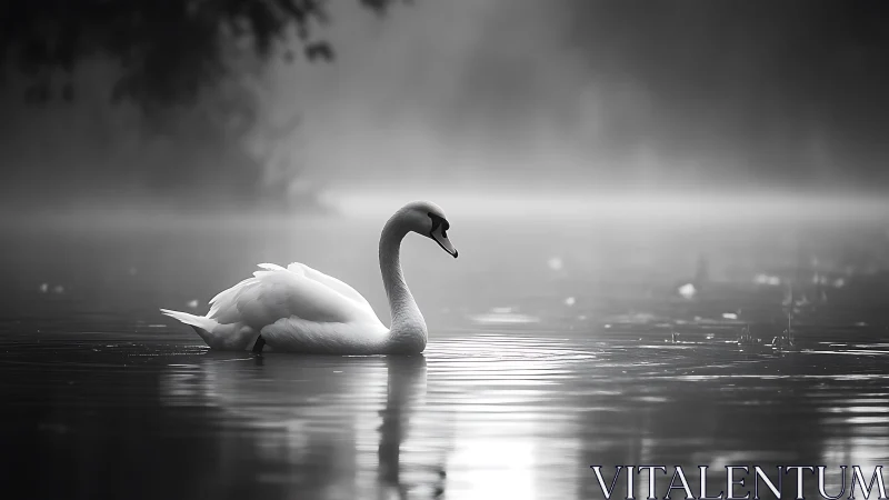 Graceful swan gliding through soft morning lake mist.