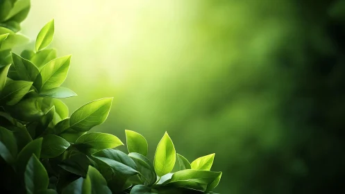 Green leaves occupy left foreground against diffuse light field