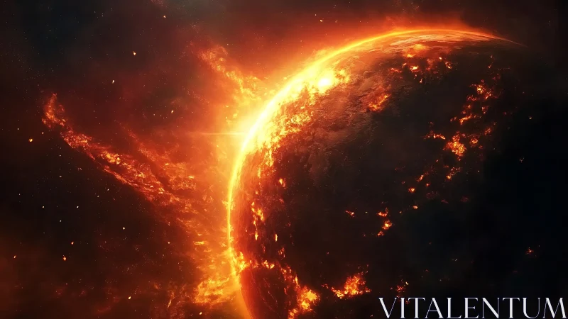 Burning planetary surface with intense fiery eruptions.