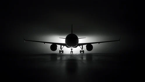 Moody airplane silhouette welcomes a quiet night departure