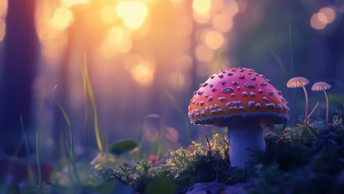 Backlit Amanita muscaria macro in shallow-depth forest bokeh.