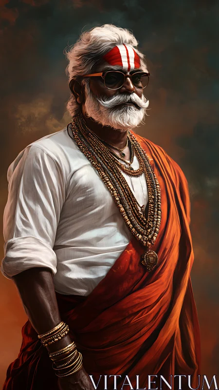 Elderly man in traditional attire stands against muted sky