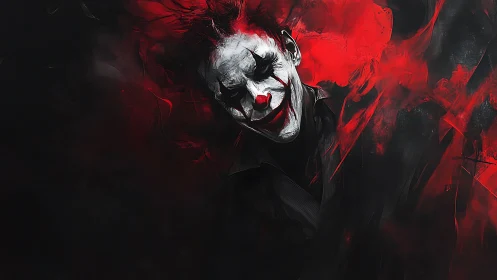 Haunting clown portrait swirls through bold red shadows
