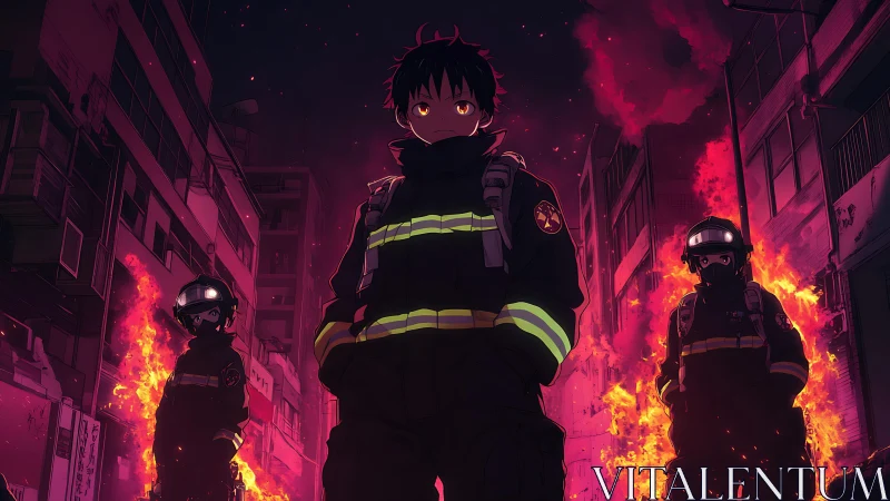 Street of embers with anime firefighters in neon blaze.