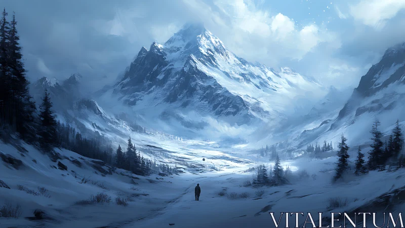 Solitary trekker crossing vast frozen alpine valley.