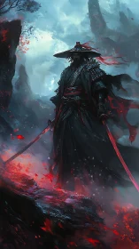 Stormlit wanderer with twin blades on a crimson path.