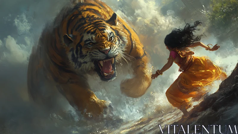 Woman confronts charging tiger in stormy river scene.