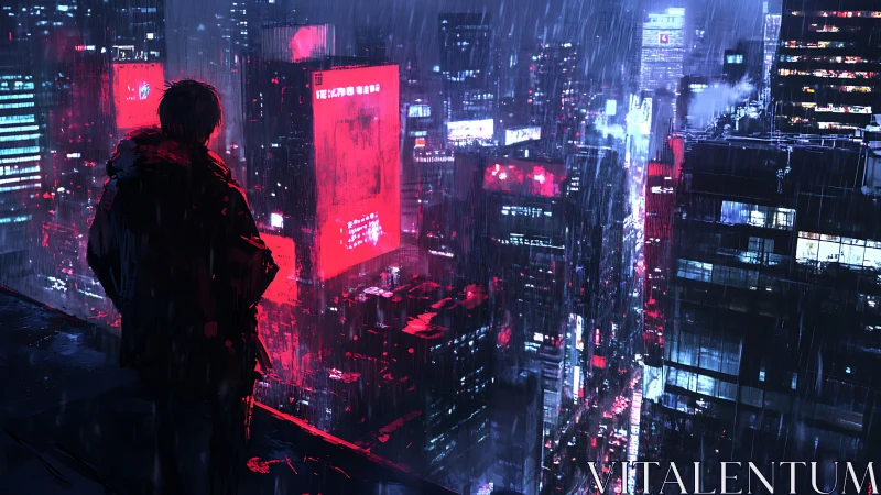 Lone figure surveys neon city skyline in cold midnight rain