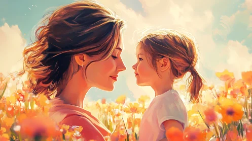 Sunlit mother and child share a tender moment in flowers