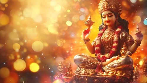 Golden Hindu goddess statue with festive bokeh background.