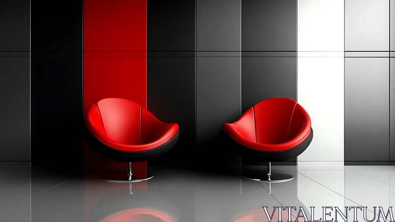 Twin Crimson Pod Chairs Gleam Against Architectural Monochrome