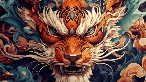 Whirlwind tiger spirit carves storms from molten color swirls