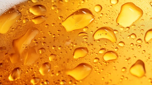 Macro analysis of amber liquid droplets on chilled surface.