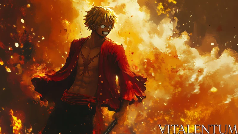 Flaming rogue in tattered crimson strides through wild firestorm