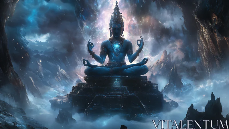 Celestial blue deity meditating in a stormlit cosmic cave.