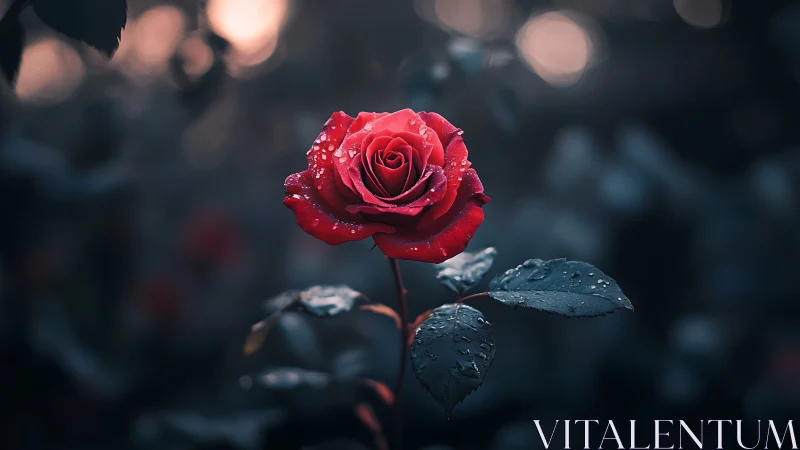 Crimson Rose with Rain Droplets Against Bokeh Background.