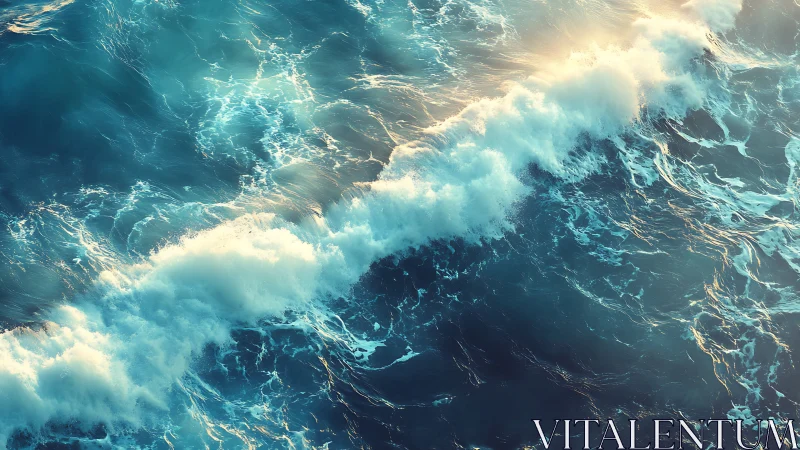 Sunlit turquoise waves crash in a serene open ocean