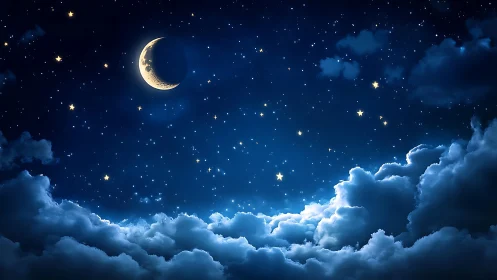 Moonlit crescent sails softly above a sea of cloudlight