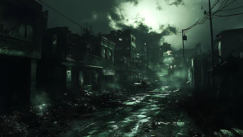 Abandoned urban street glows under toxic green storm sky