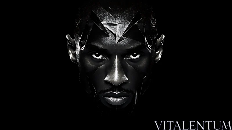 Male face rendered as angular black geometric shards on black