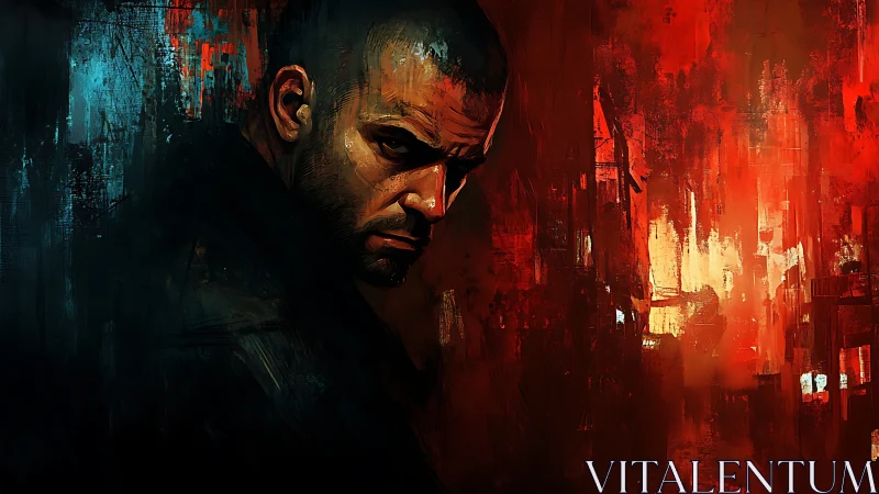 Brooding man stares sideways against abstract red background