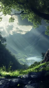 Morning light pours gently over a peaceful mountain valley